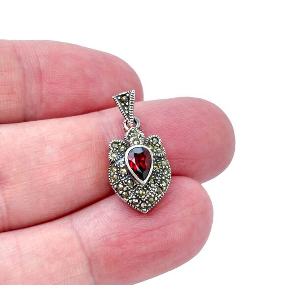 Estate Sterling Silver 925 Red Garnet Marcasite Pendant - Picture 1 of 8